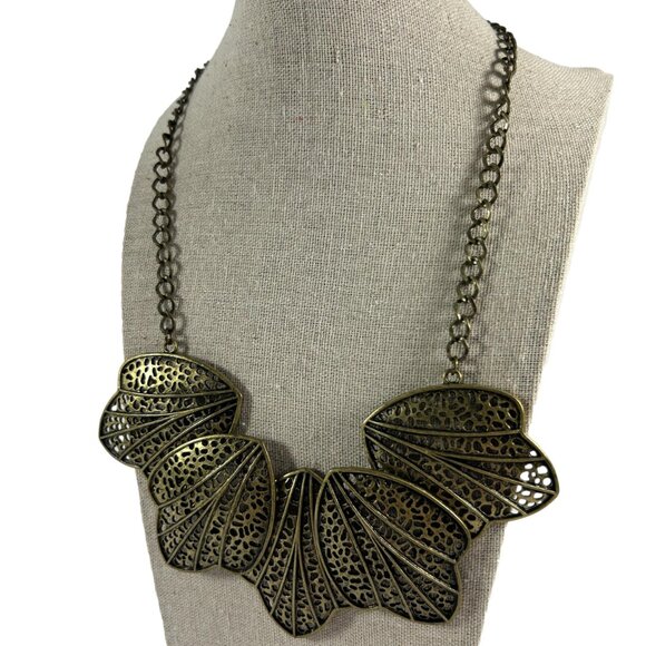 Gold Brass Tone Open Leaf Bib Necklace Statement Metal Unique Adjustable 17-19" - Picture 2 of 8